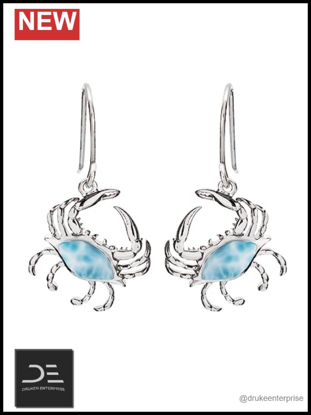 925 Sterling Silver Natural Larimar Crab Dangle Hook Earrings